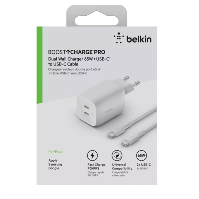 Chargeur BELKIN USB C x2 65W GaN PPS + Cable USB-C 2m