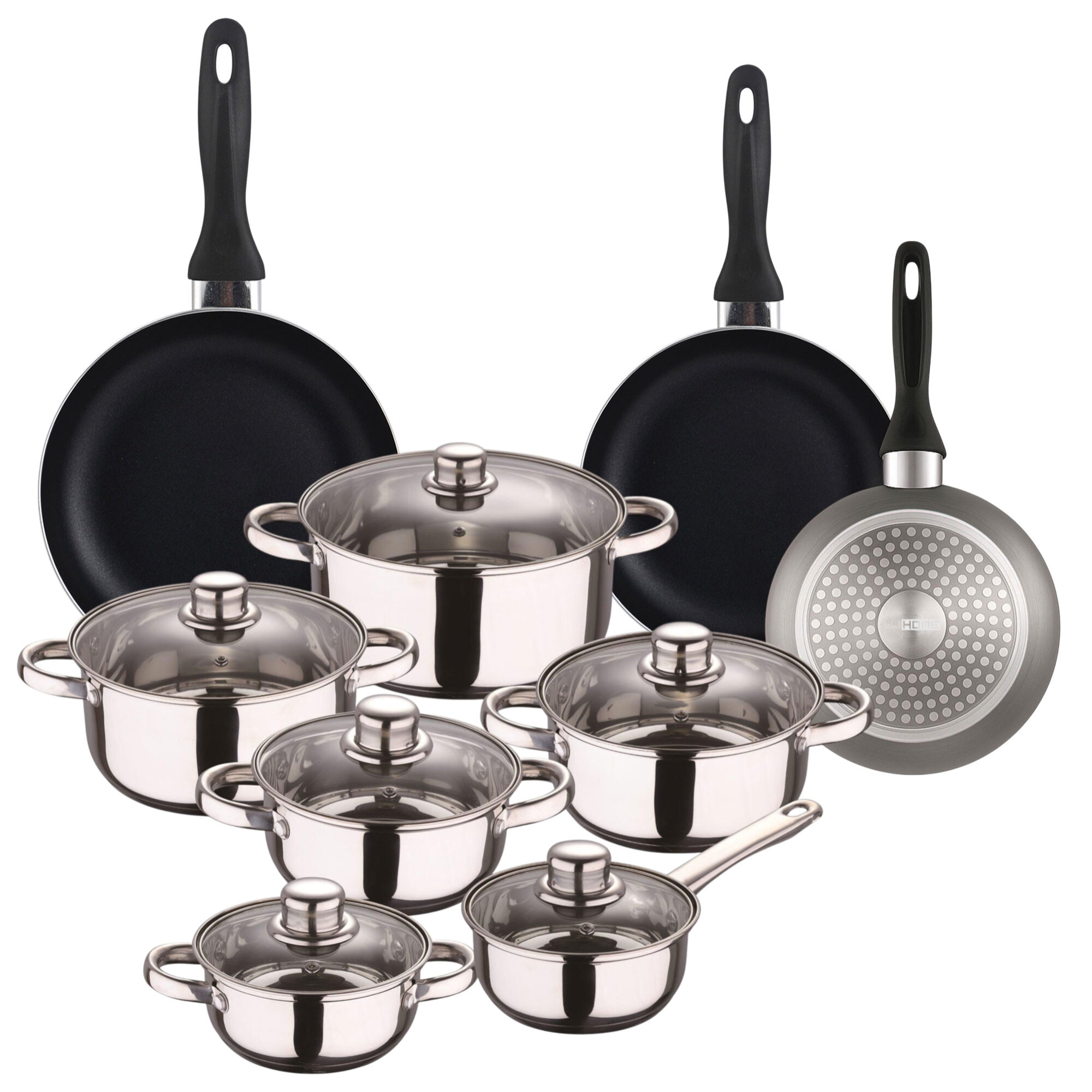 set de batería de cocina de 12pc en acero inoxidable + 3 sartenes ø16ø20ø24cm gris metalizado en aluminio prensado