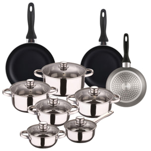 set de batería de cocina de 12pc en acero inoxidable + 3 sartenes ø16ø20ø24cm gris metalizado en aluminio prensado