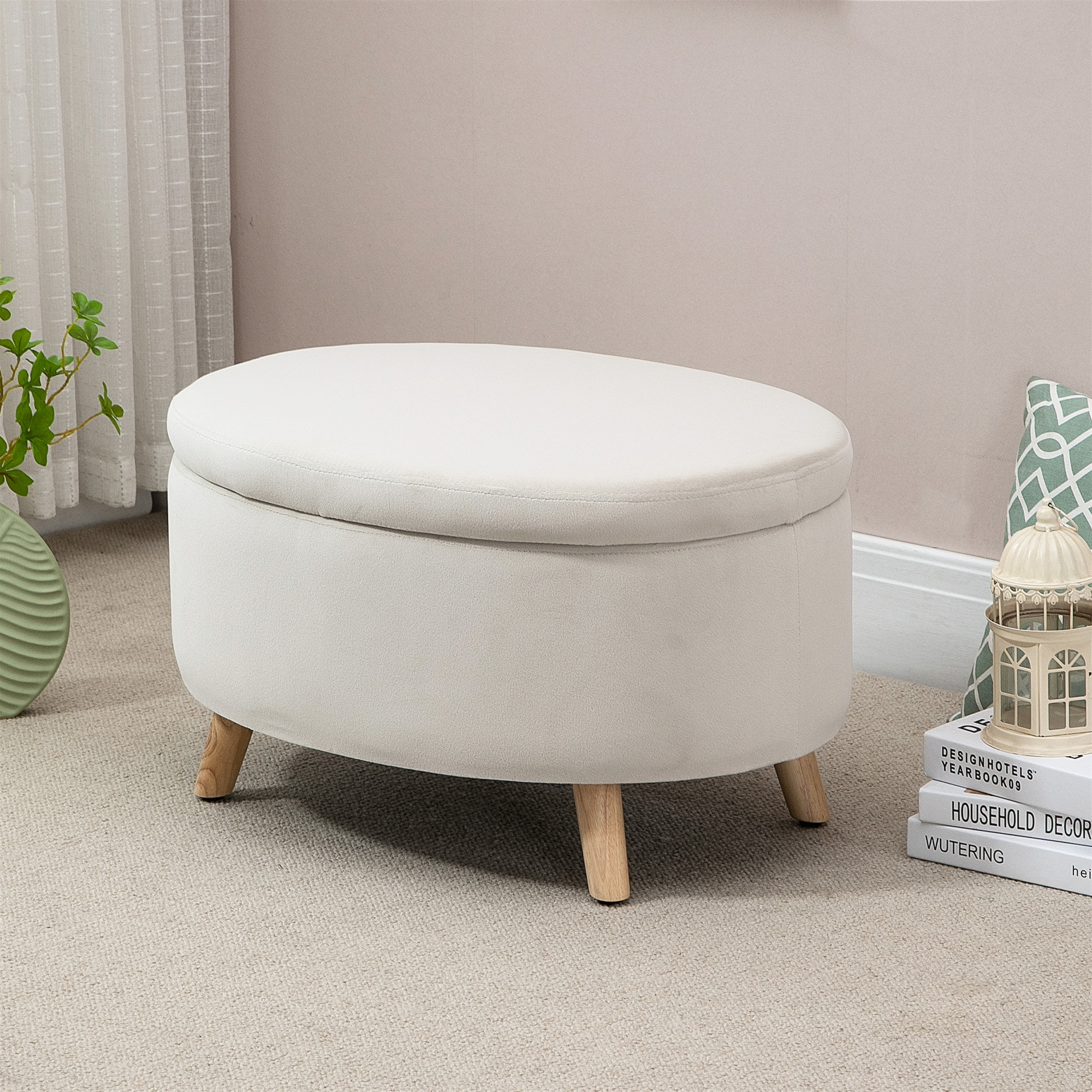 Pouf coffre de rangement - repose-pieds velours - dim. 71 x 51,5 x 42 cm - piètement bois hévéa beige