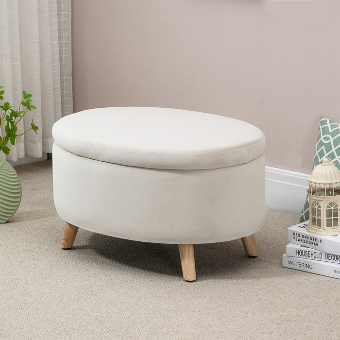 Pouf coffre de rangement - repose-pieds velours - dim. 71 x 51,5 x 42 cm - piètement bois hévéa beige