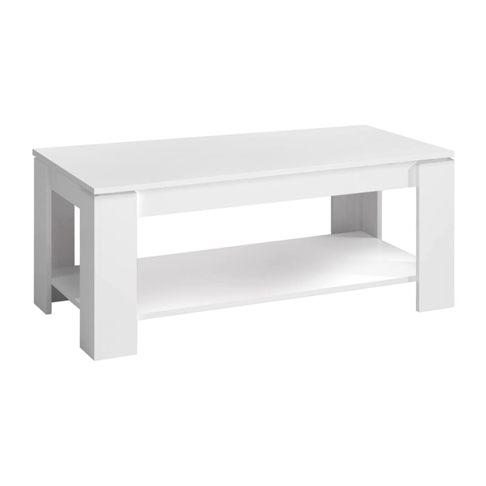 Tavolino da salotto Chicago, Tavolino da caffè con ripiano elevabile, Tavolo basso da soggiorno, cm 102x50h43/54, Bianco opaco