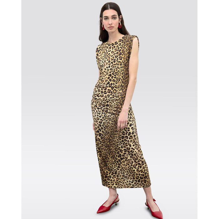 Abito midi aderente con drappeggio in stampa animalier