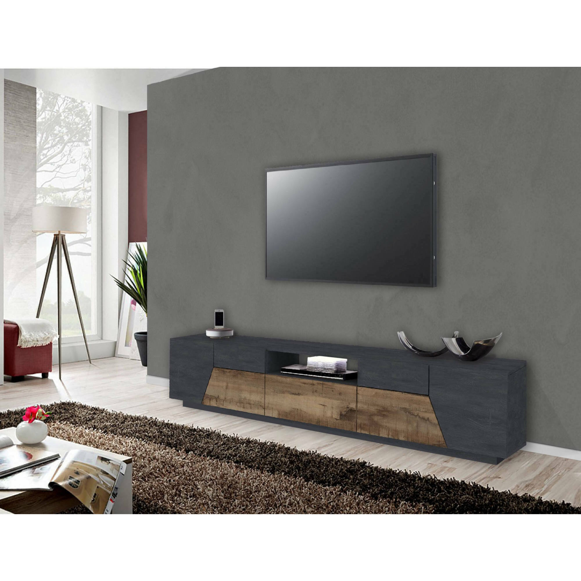 Mobile da soggiorno Porta TV, Made in Italy, Supporto per TV da salotto a 4 ante geometriche e 1 cassetto, Cm 220x43h46, Ardesia e Acero