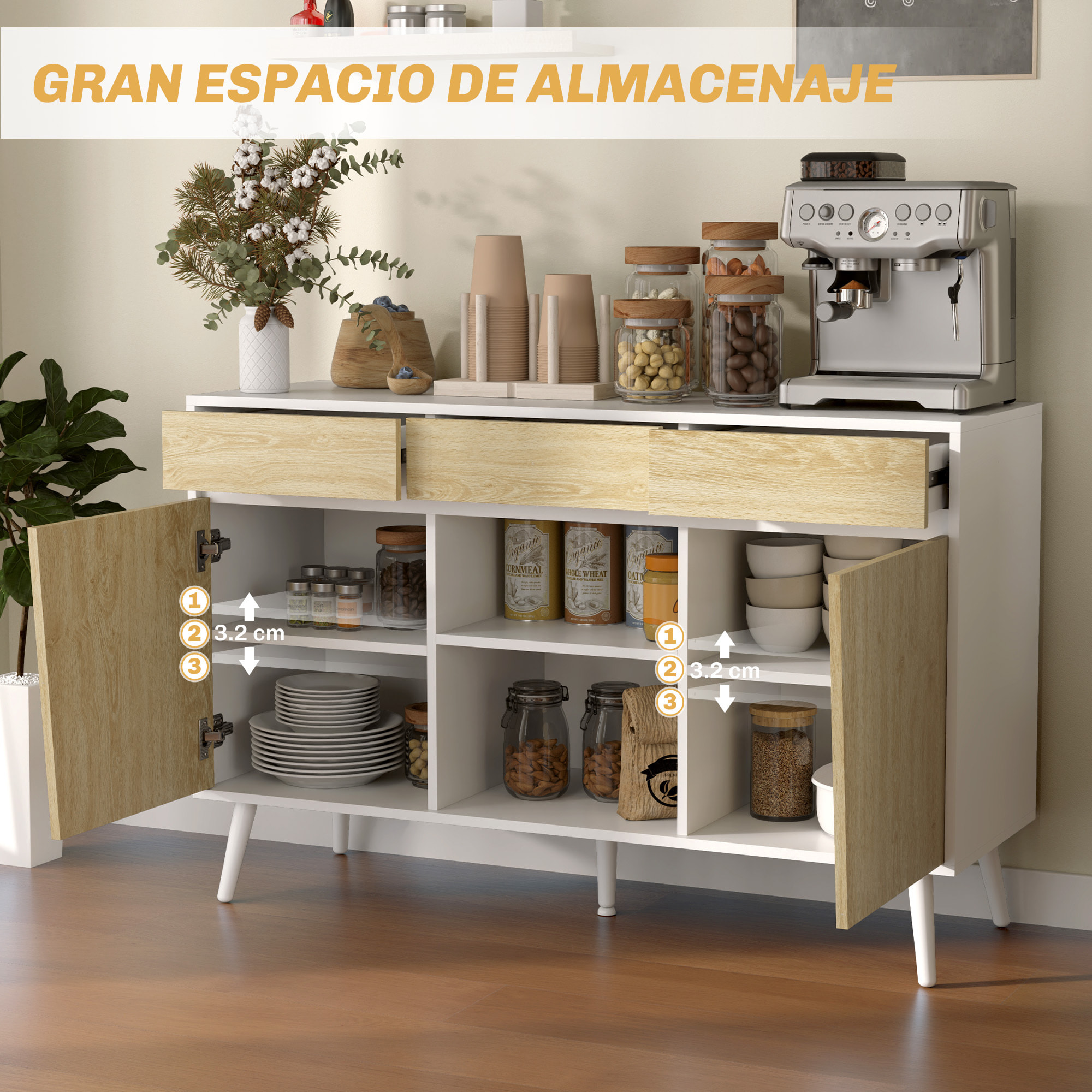 Aparador de 2 Puertas Aparador de Salón con 3 Cajones Estantes Mueble para TV para Dormitorio Sala de Estar 120x39x77 cm Blanco y Natural