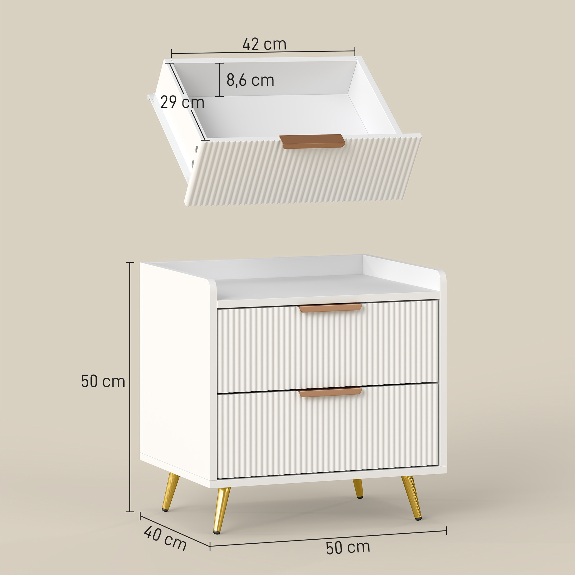 Chevet table de nuit design cannelé doré 2 tiroirs plateau rebord blanc