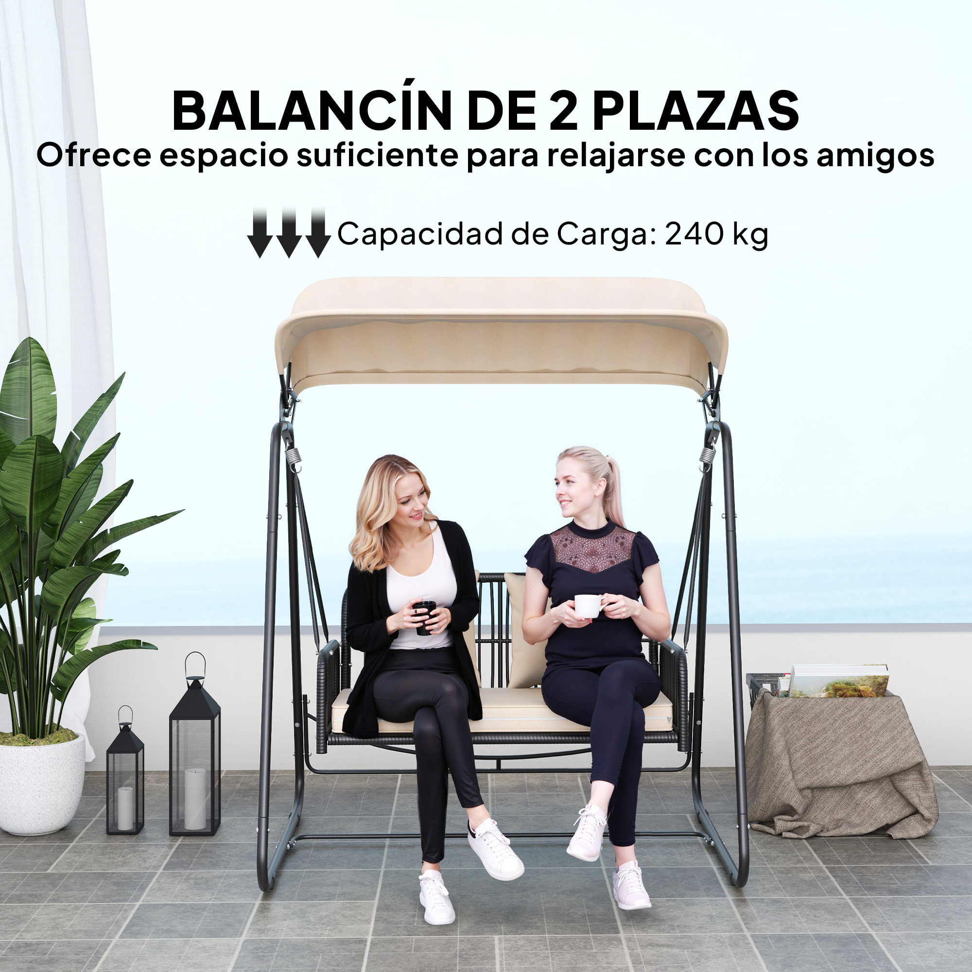 Columpio de Jardín de 2 Plazas Balancín de Jardín Exterior con Toldo Retráctil Cojines y Estructura de Acero con Ratán PE Anti-UV para Balcón Terraza Patio Carga 240 kg 149x121x180 cm Caqui