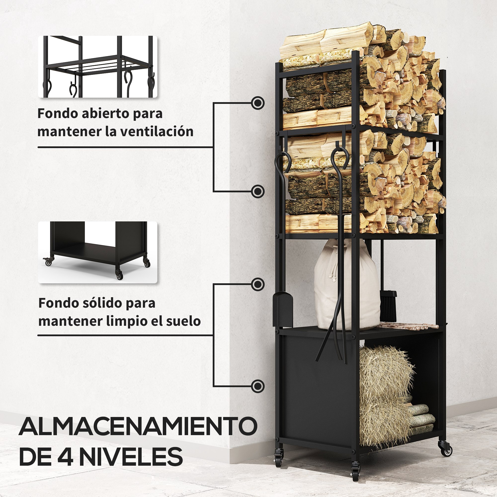 Leñero con Ruedas Soporte para Leña de 4 Niveles Estante de Leña con Pala Atizador Cepillo Tenazas para Interior y Exterior 45x30x118 cm Negro