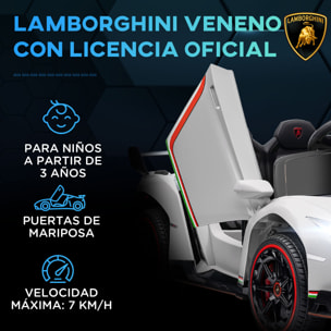 Coche Eléctrico Lamborghini para Niños de 3 a 6 Años Coche de Batería 12V Velocidad Max.7 km/h Puerta de Tijera con Control Remoto MP3 Luces y Cinturón de Seguridad 111x61x45 cm Blanco