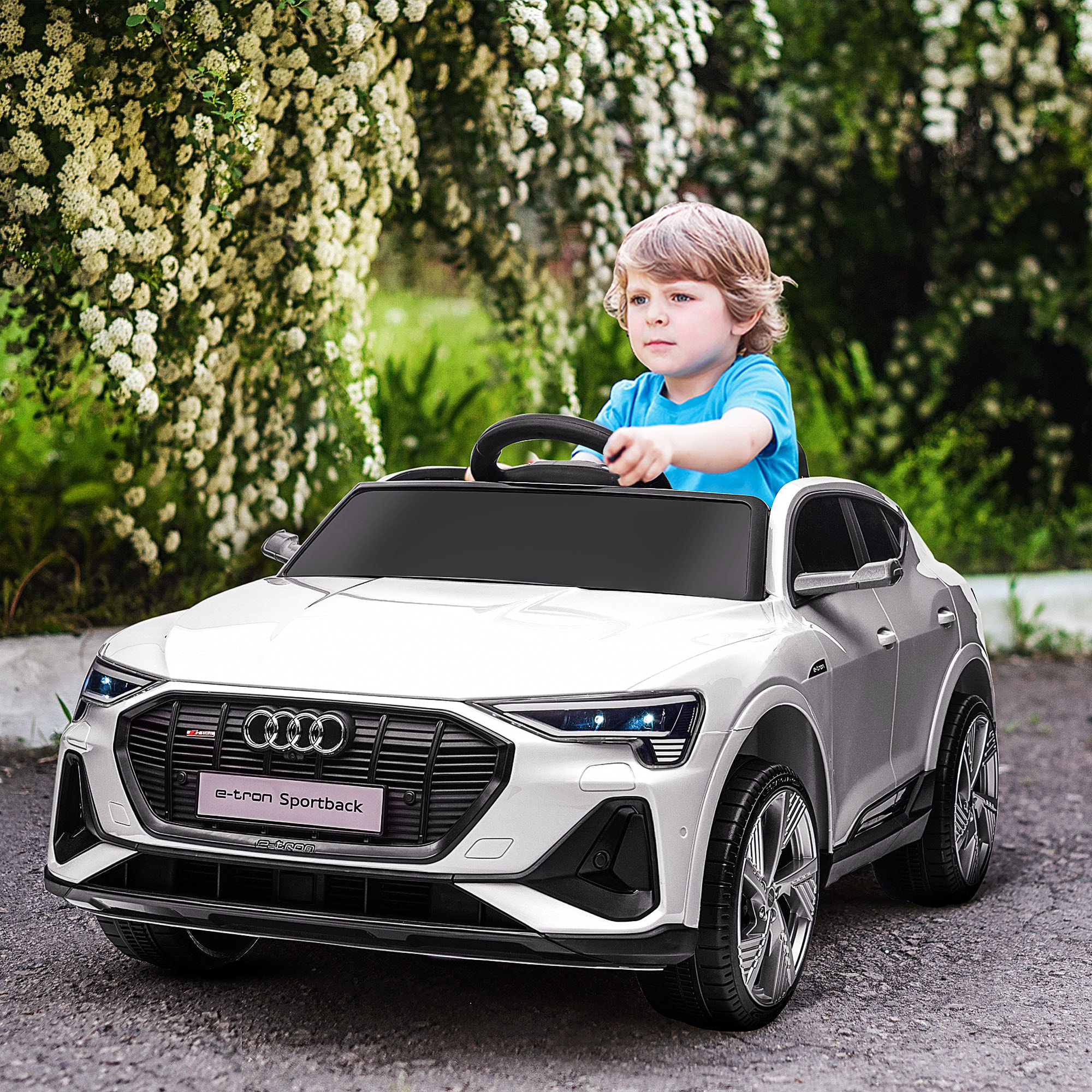 Coche Eléctrico para Niños Audi E-tron Coche de Batería para Niños 12V con Mando a Distancia Faros Bocina Música Velocidad 3-5 km/h Cinturón de Seguridad Blanco