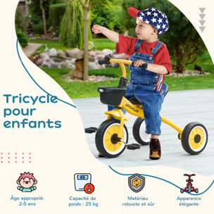 Tricycle enfant multi-équipé garde-boue sonnette panier pédales antidérapantes siège réglable avec dossier métal jaune