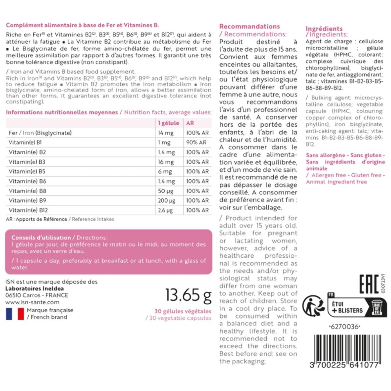 ISN - Suplefer - Aide à réduire la fatigue - Riche en Fer et Vitamines du groupe B - Fer microencapsulé plus biodisponible - Cure 30 jours
