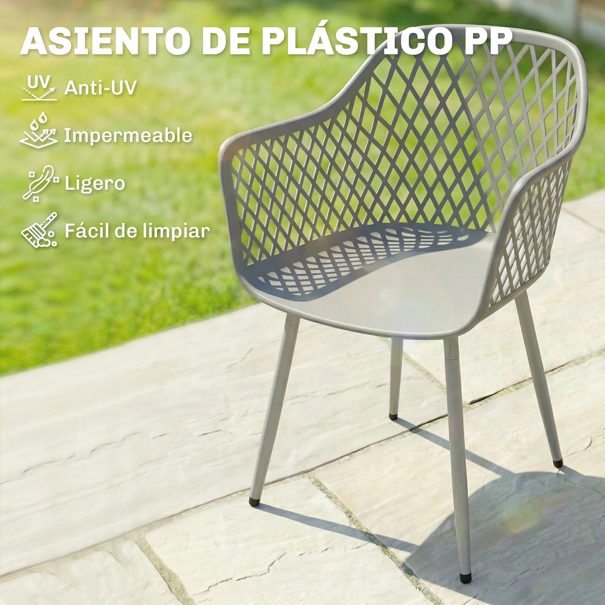 Juego de 4 Sillas de Jardín Exterior, Sillas Terraza Exterior con Respaldo Diamante, Asiento de PP Anti-UV, Reposabrazos y Patas Metálicas, para Terraza, Balcón, 56x51x84 cm, Gris