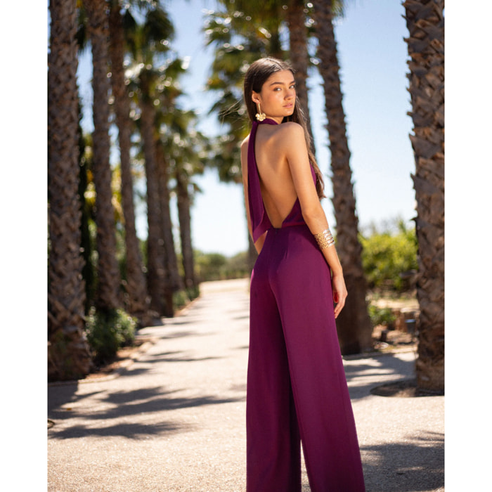 Mono largo de gasa con cuello halter drapeado de mujer