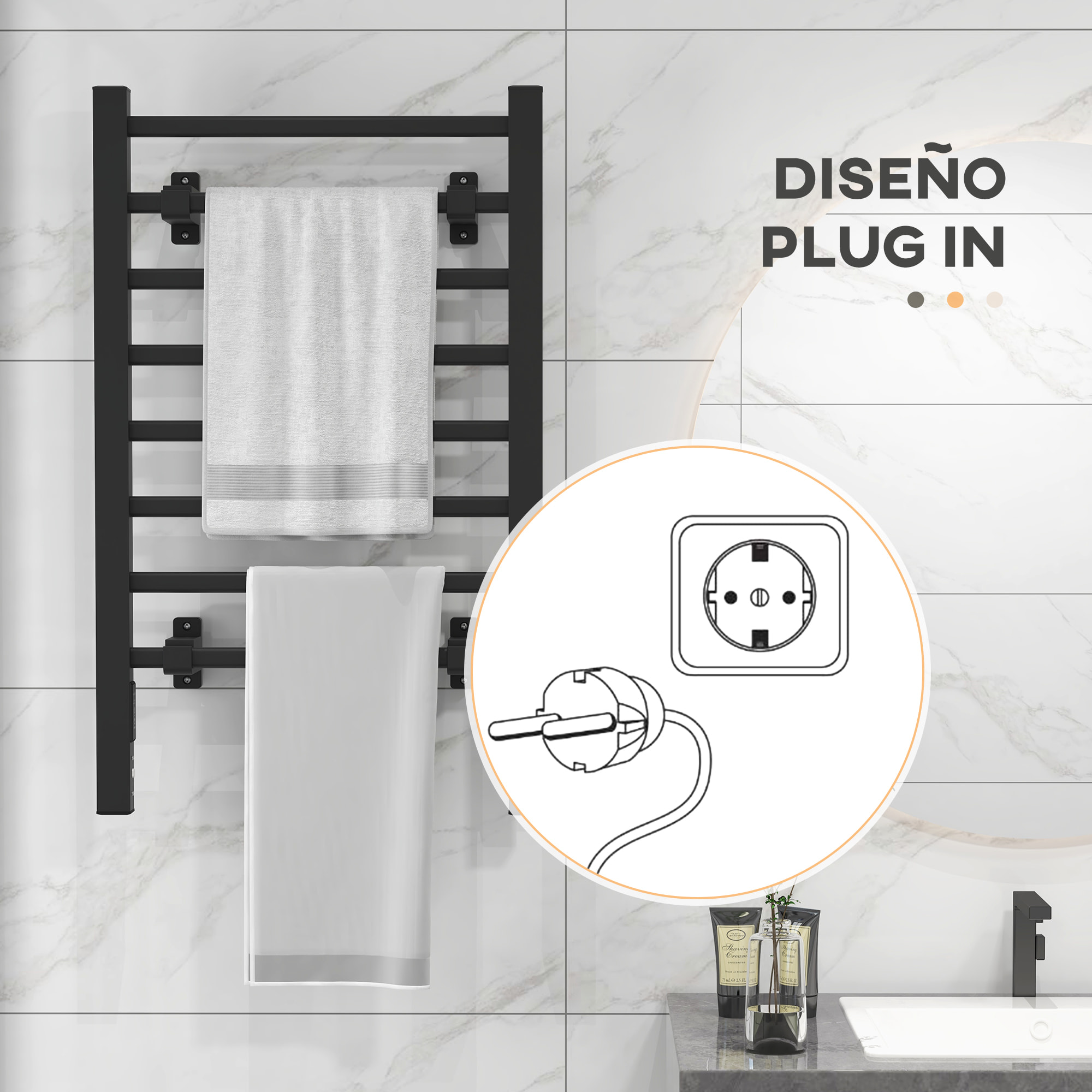 Toallero Eléctrico de Pared o Suelo 150â‚¬Â¯W Calentador de Toallas de Aleación de Aluminio con Función de Temporizador y 8 Barras para Baño 53x35x90 cm Negro