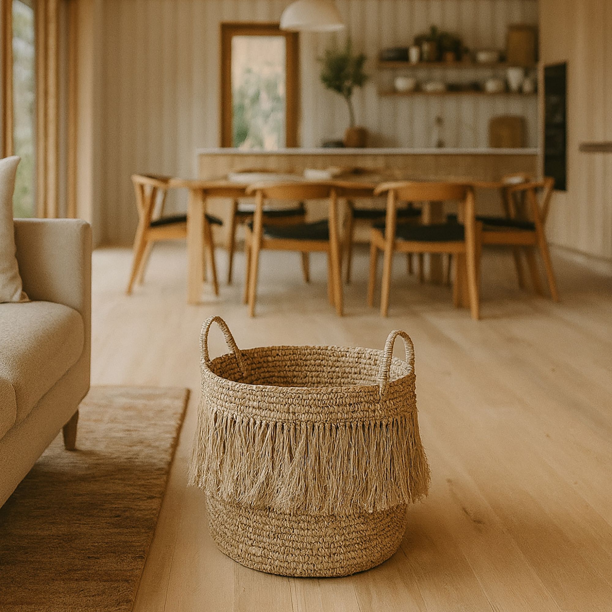 Panier à franges en raphia naturel avec anses 48cm LUYS