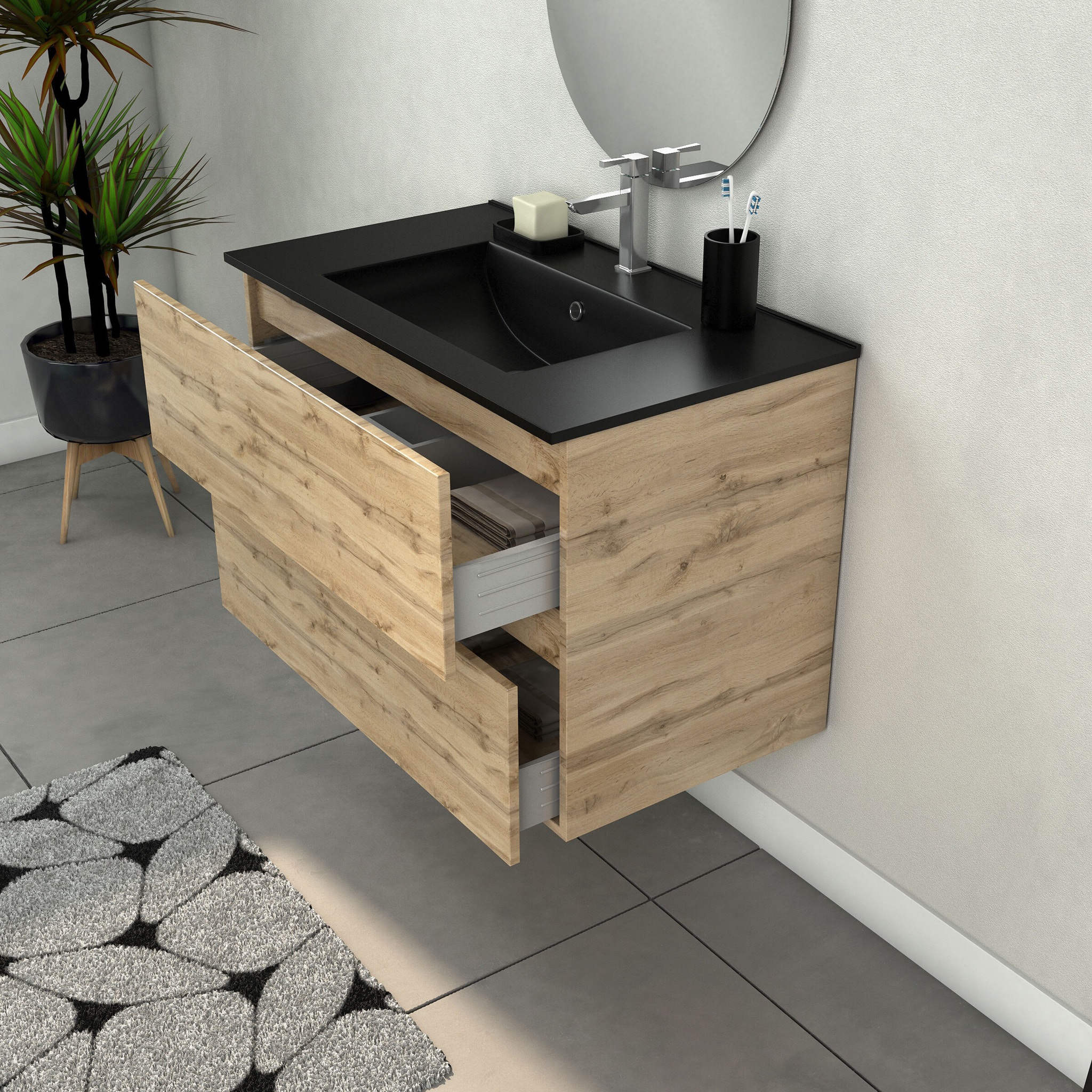 Meuble Salle de Bains 80cm 2 Tiroirs Chêne Naturel + Vasque Noire et Miroir Ovale