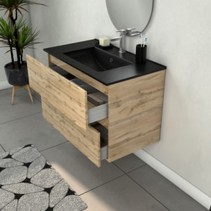 Meuble Salle de Bains 80cm 2 Tiroirs Chêne Naturel + Vasque Noire et Miroir Ovale