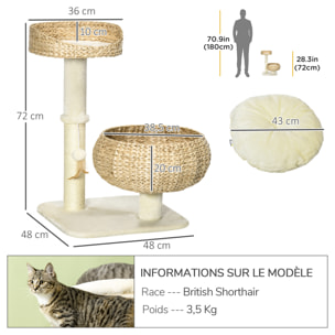 Arbre à chat griffoir 2 niveaux hauteur 72 cm poteau sisal avec niche et plate-forme 1 balle suspendue beige