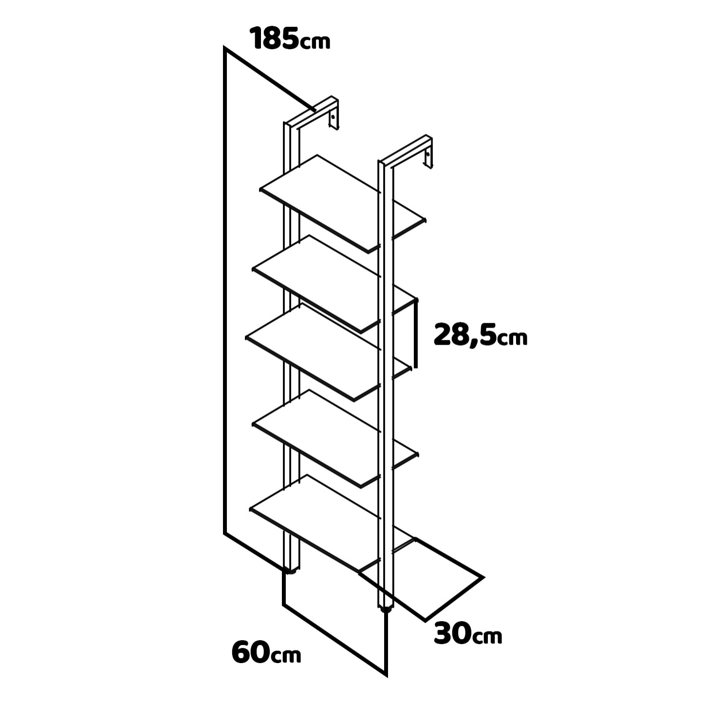 Komo - Scaffale Libreria a Muro 60x185x30 cm 5 Ripiani in Legno Industriale Struttura in Metallo Nero