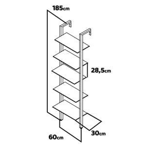 Komo - Scaffale Libreria a Muro 60x185x30 cm 5 Ripiani in Legno Industriale Struttura in Metallo Nero