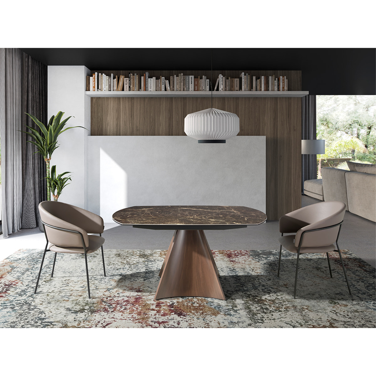 Mesa comedor extensible ovalada barril con tapa de mármol porcelánico en marrón con vetas crema en acabado brillo 135x90x75cm