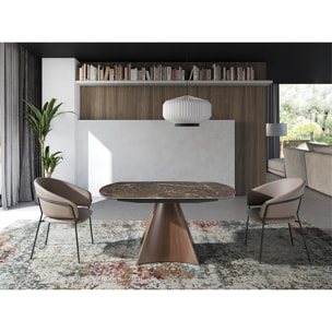 Mesa comedor extensible ovalada barril con tapa de mármol porcelánico en marrón con vetas crema en acabado brillo 135x90x75cm