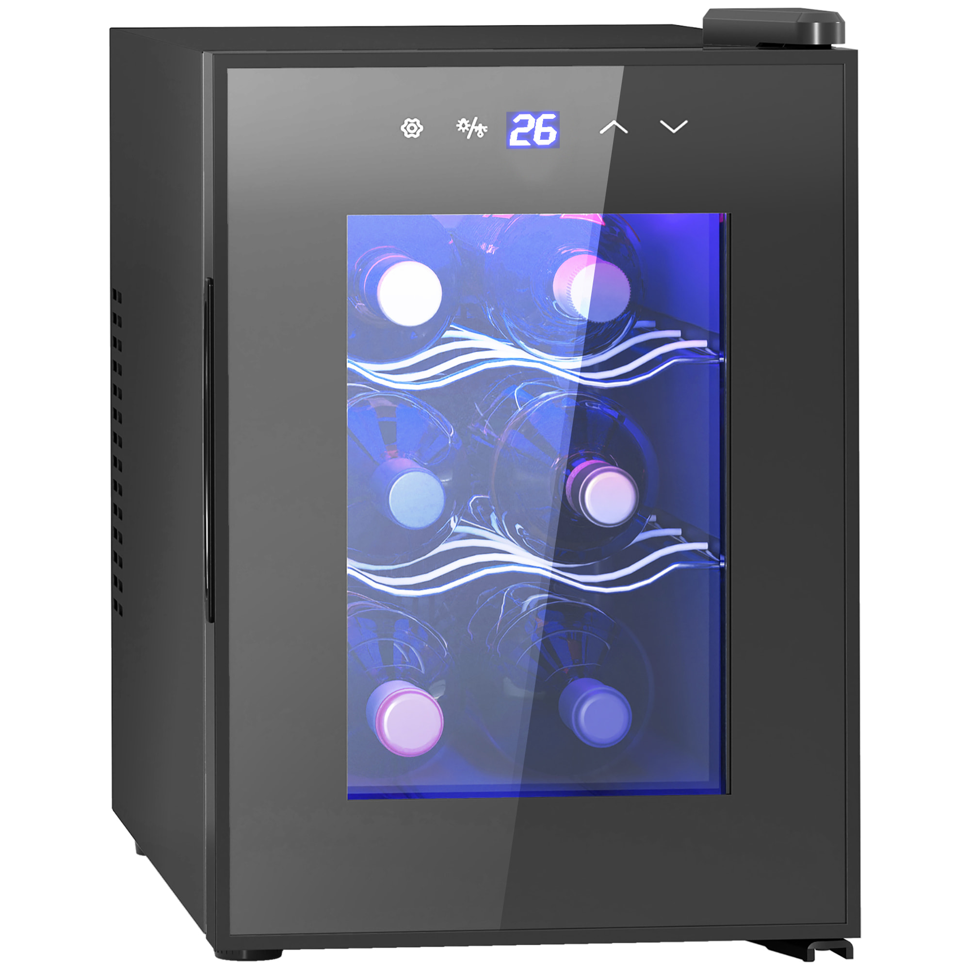 Nevera Vinos 6 Botellas 17L Vinoteca Silenciosa con Luz LED Interior Pantalla LED Táctil Temperatura Regulable 8-18 ℃ Puerta de Vidrio Templado Anti-UV y 2 Estantes Ajustables Negro