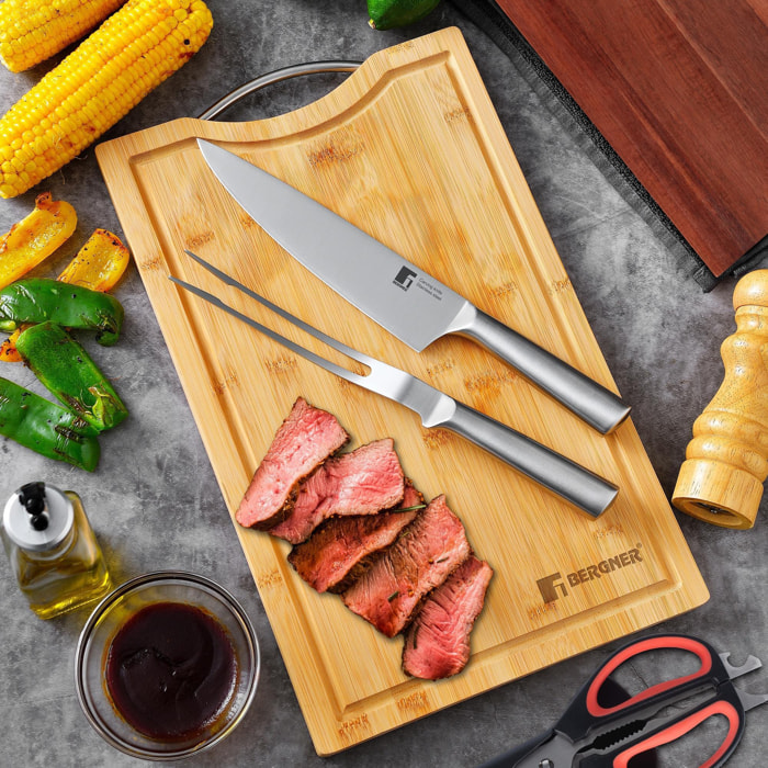 Set de cuchillo chef + tenedor para carne bbq en acero inoxidable bergner