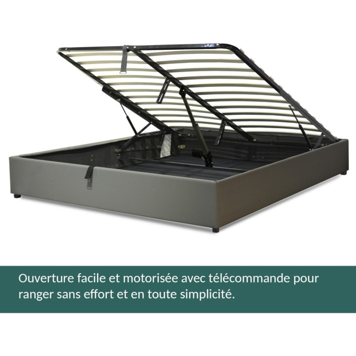 Lit coffre sommier relevable inventif gris | Ouverture à assistance électrique | Modele Futura Simili Cuir | Grande capacite de stockage