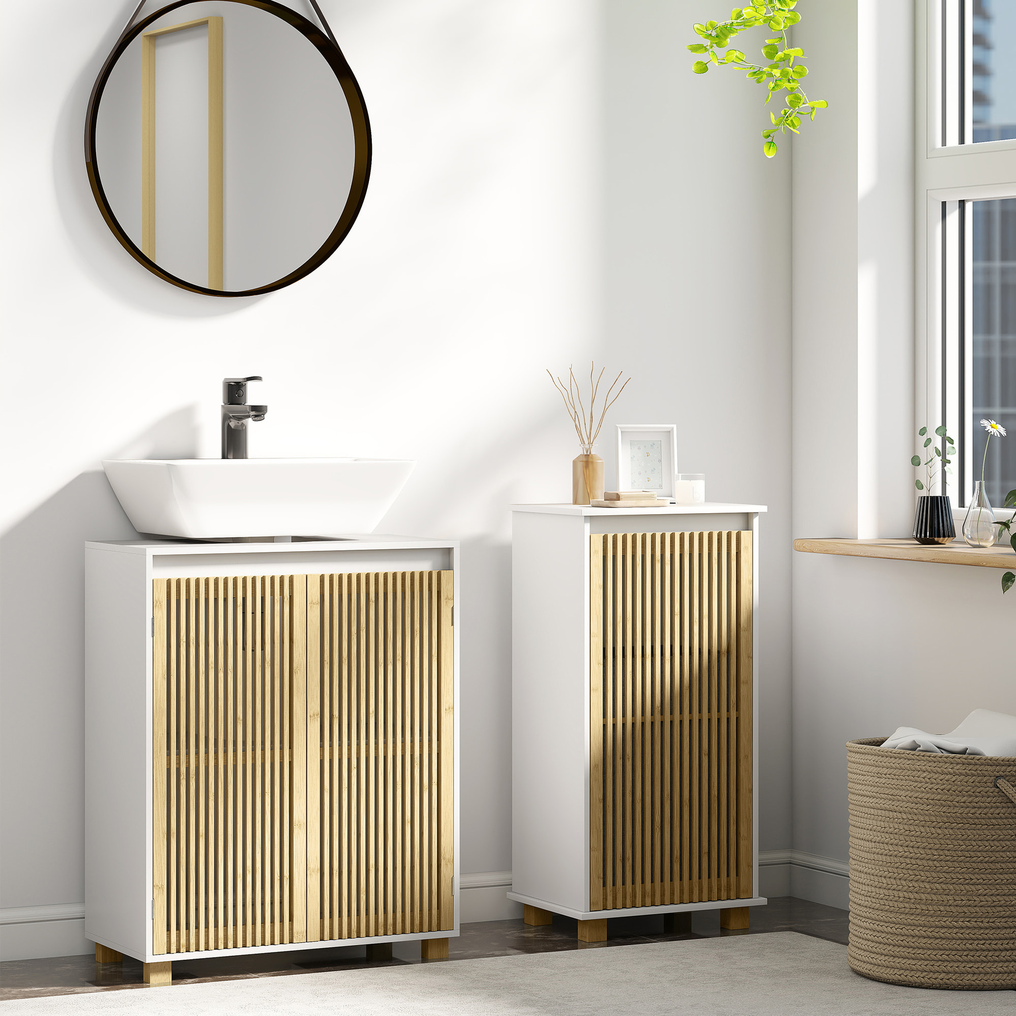 Meuble bas salle de bain - panier à linge amovible - tissu gris bambou blanc