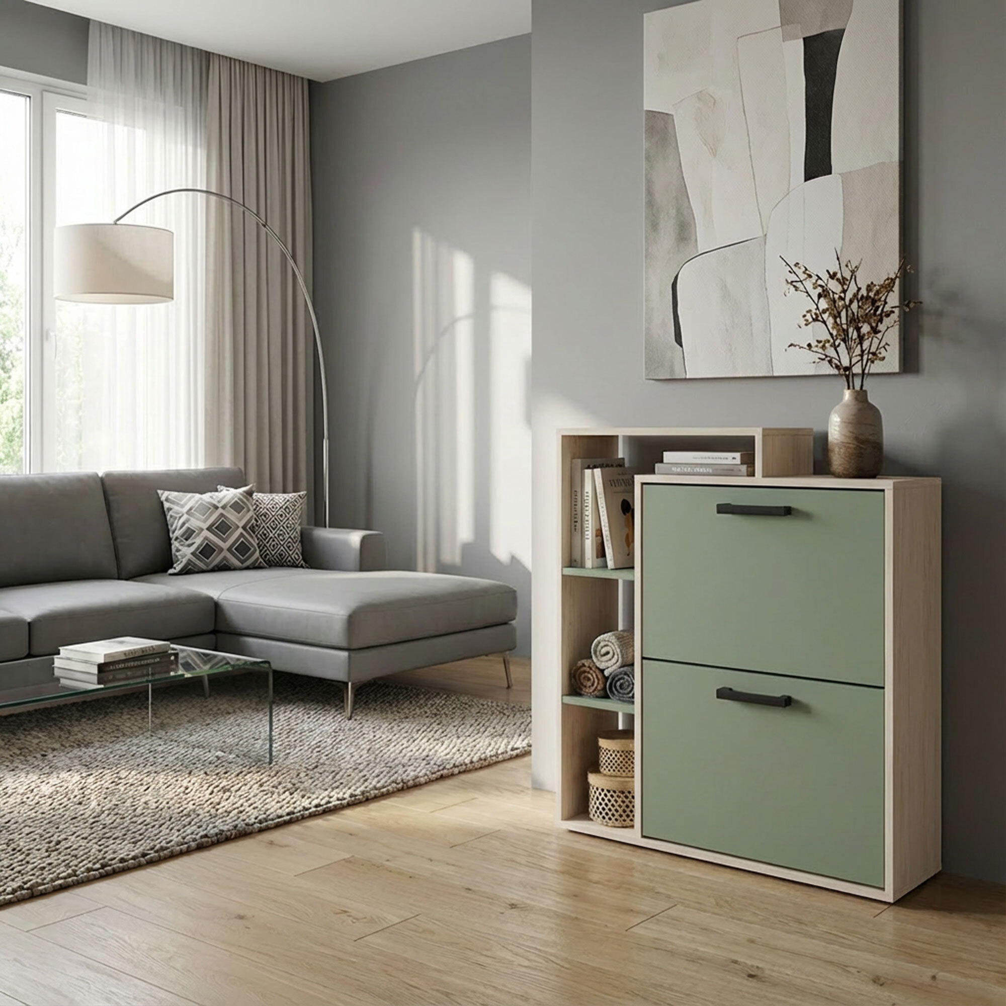 Sena - Scarpiera Salvaspazio 2 Ante 80x90x24,5 cm 12 Paia con Mensole e Ripiano Svuotatasche in Legno Salvia