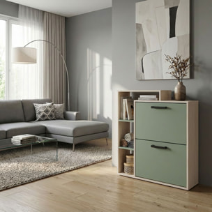 Sena - Scarpiera Salvaspazio 2 Ante 80x90x24,5 cm 12 Paia con Mensole e Ripiano Svuotatasche in Legno Salvia