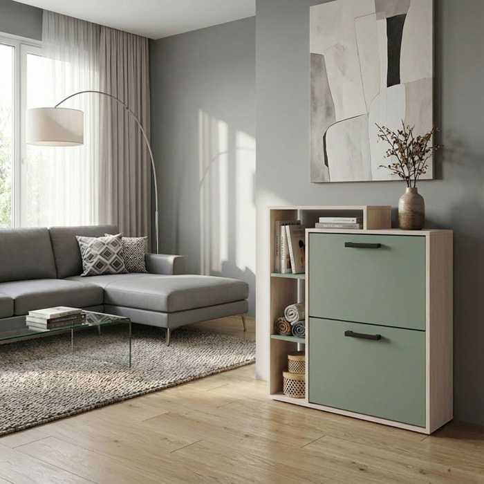 Sena - Scarpiera Salvaspazio 2 Ante 80x90x24,5 cm 12 Paia con Mensole e Ripiano Svuotatasche in Legno Salvia