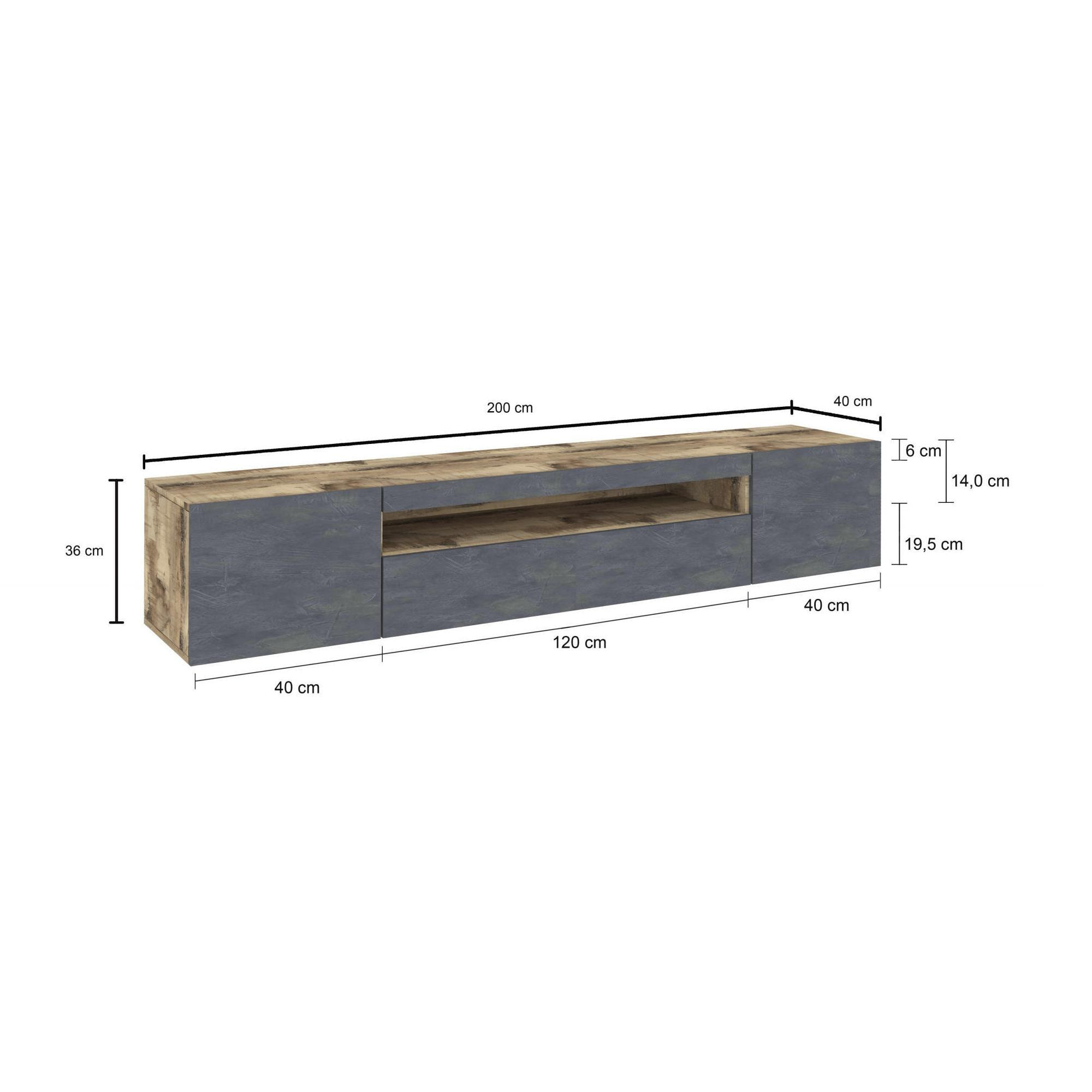 Mobile da soggiorno Porta TV, Made in Italy, Supporto per TV da salotto a 3 ante e ripiani, cm 200x40h37, colore Acero e Ardesia