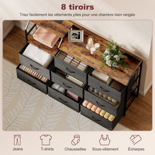 Commode 8 tiroirs non tissés anthracite station de recharge intégré acier noir effet bois vieilli