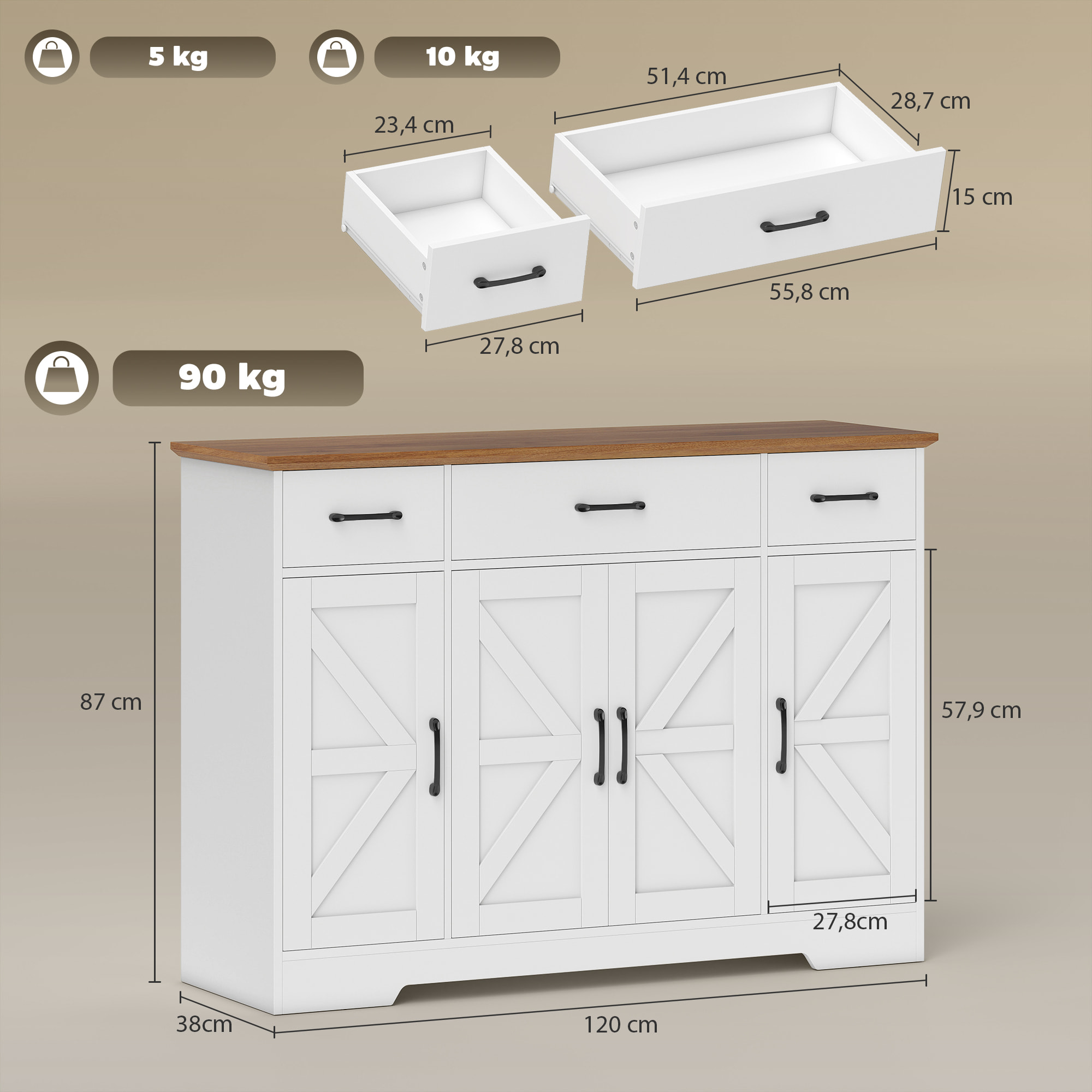 Aparador de Cocina Rústico, Armario de Cocina con 4 Estantes de Puerta, 3 Cajones, Estantes Ajustables, Puerta con Cierre Suave, Mueble de TV para 48-55 Pulgadas, 120x38x87 cm, Blanco y Nogal