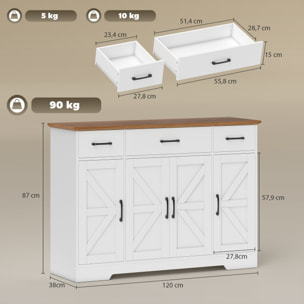 Aparador de Cocina Rústico, Armario de Cocina con 4 Estantes de Puerta, 3 Cajones, Estantes Ajustables, Puerta con Cierre Suave, Mueble de TV para 48-55 Pulgadas, 120x38x87 cm, Blanco y Nogal