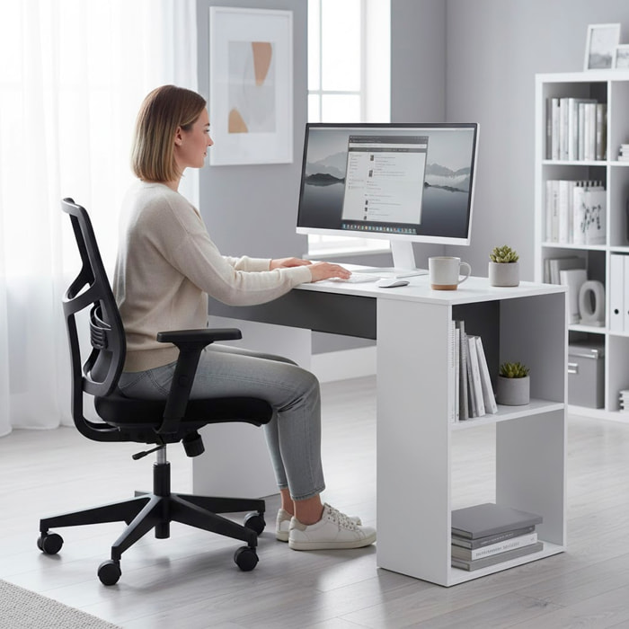 Scrivania Da Lavoro Per Computer Desk Con Cassetto Reversibile Design Moderno Ufficio Home Office Casa 73 x 101 x 50 Cm Bianco e Grigio Antracite
