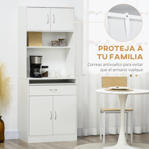 Alacena de Cocina Mueble Aparador Auxiliar con 4 Puertas Bandeja Extraíble Estante Ajustable Cajón y Encimera de Microondas Abierta 70x40x180 cm Blanco