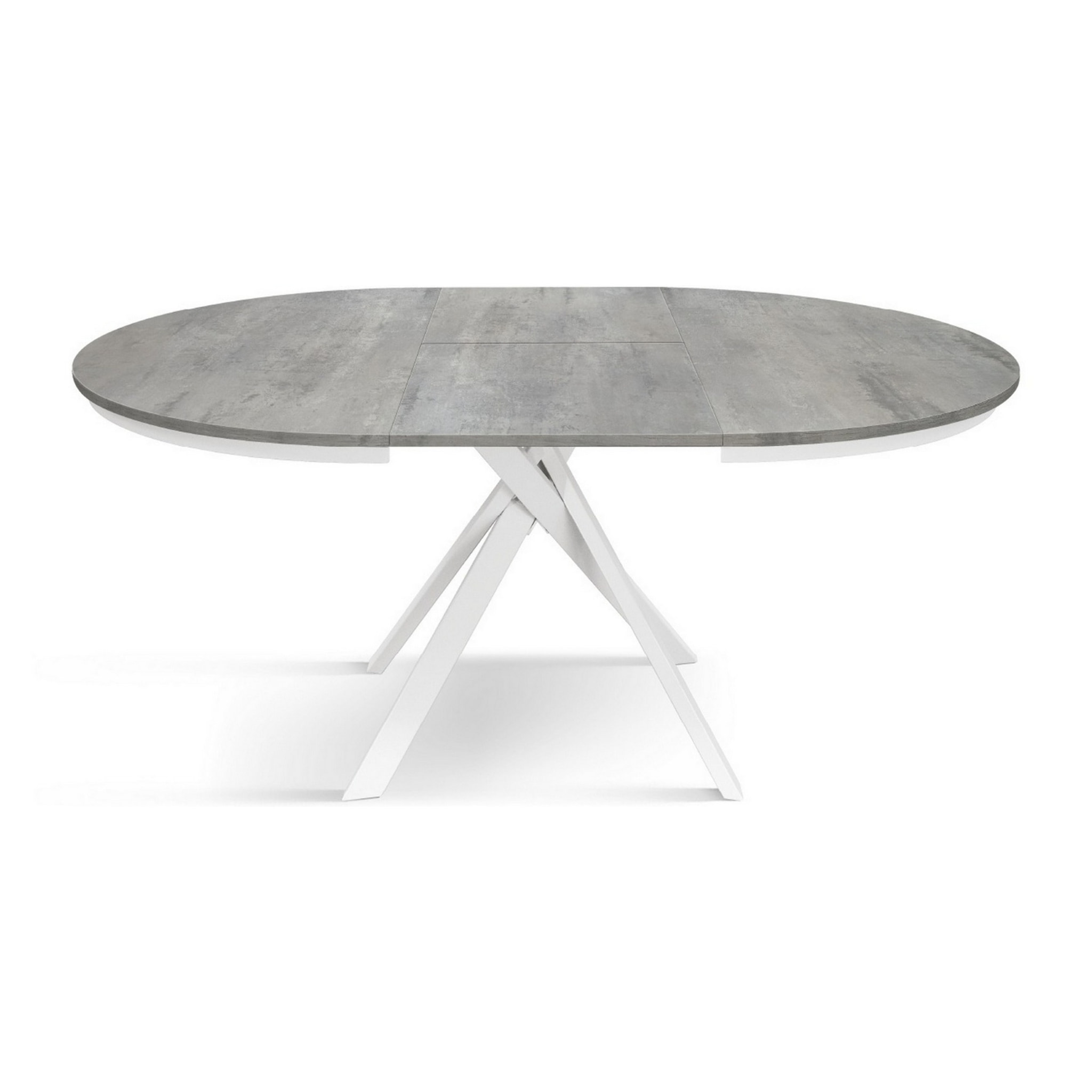 Tavolo rotondo PANTELLERIA in legno effetto grigio cemento con gambe incrociate in metallo bianco, allungabile ⌀120 cm - ⌀170 cm