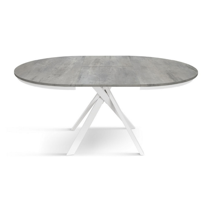 Tavolo rotondo PANTELLERIA in legno effetto grigio cemento con gambe incrociate in metallo bianco, allungabile ⌀120 cm - ⌀170 cm