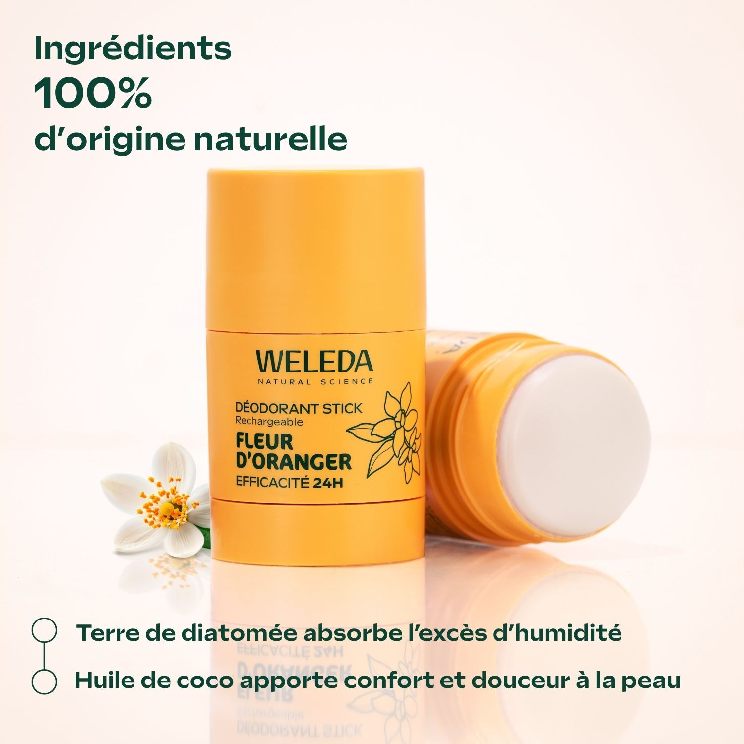 WELEDA - Recharge Déodorant Stick Fleur d'Oranger 50g - Formule 100% d'origine naturelle et sans alcool - Efficacité prouvée 24H