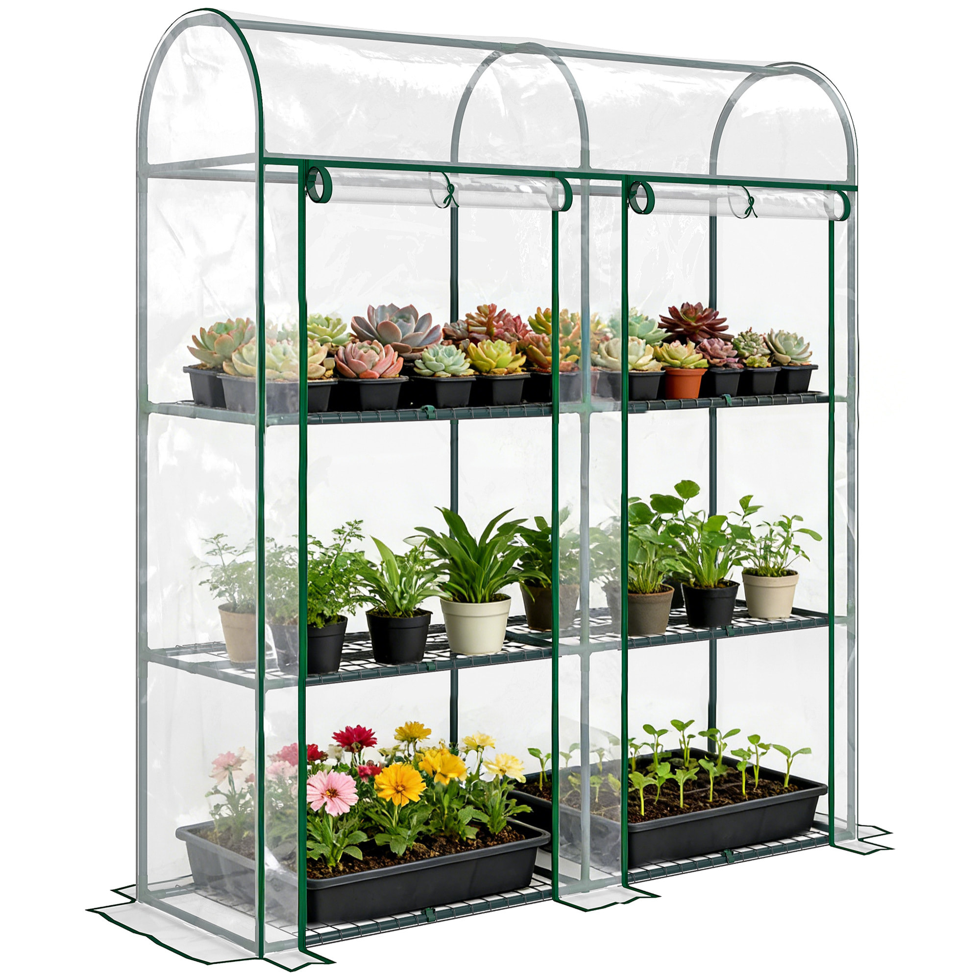 Invernadero Pequeño de 3 Niveles, Invernadero de Exterior con 2 Puertas Enrollables, Marco de Acero y Cubierta de Plástico Anti-UV para Cultivar Plantas, Flores, 143x46x164 cm, Transparente