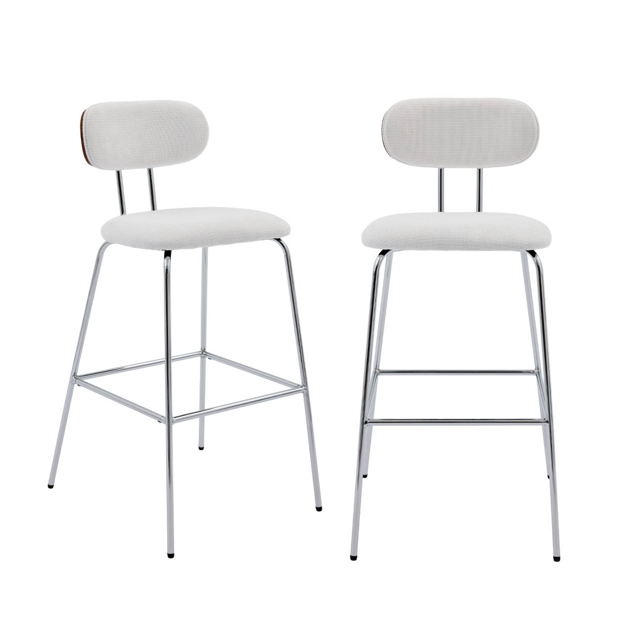2 tabourets de bar décor bois courbé teinté noyer et tissu déperlant blanc. pieds métal chromé - L 44 x P 51 x H 103cm - Erin