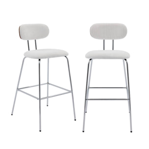 2 tabourets de bar décor bois courbé teinté noyer et tissu déperlant blanc. pieds métal chromé - L 44 x P 51 x H 103cm - Erin