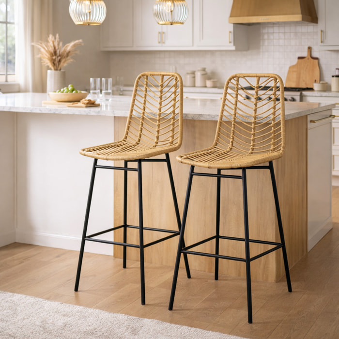 Lot de 2 tabourets de bar – Style bohème – Dossier cannage