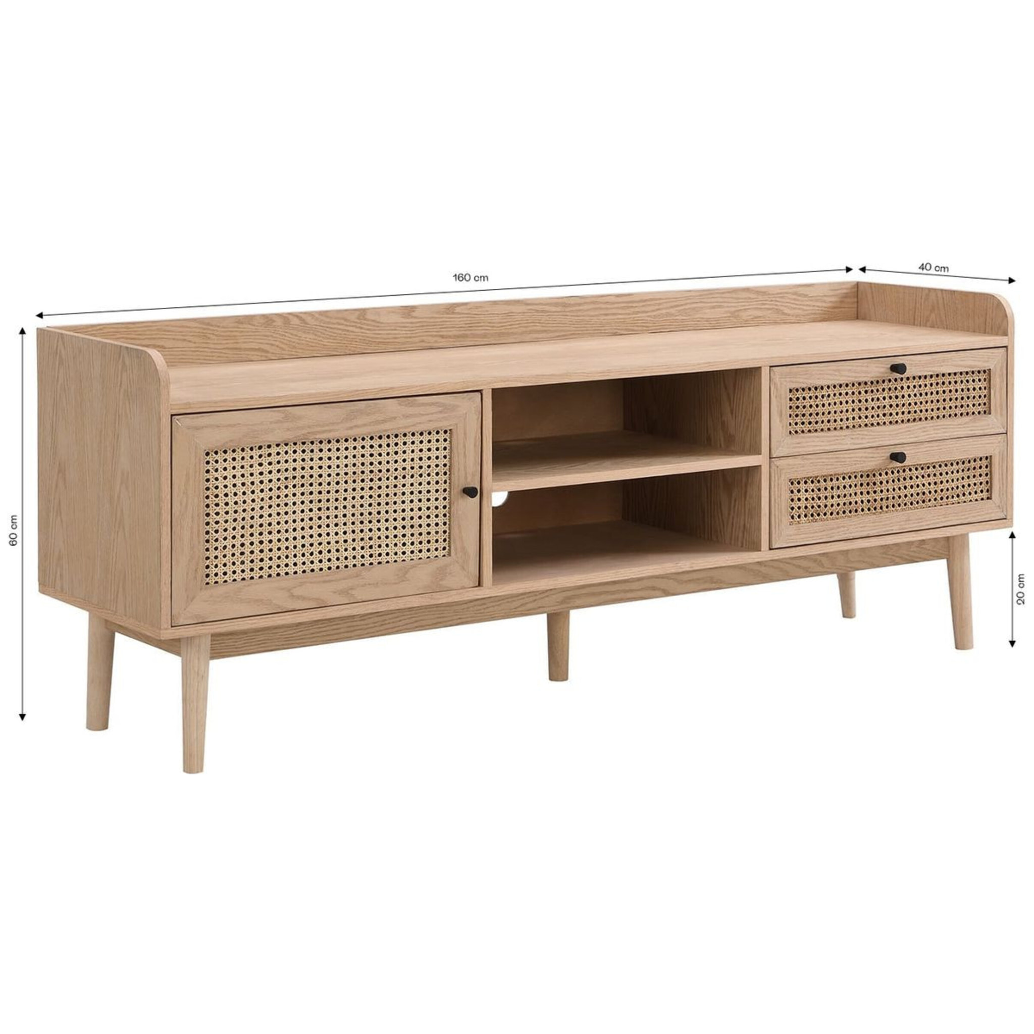 Meuble TV 1 porte 2 tiroirs en cannage et bois - EDEN