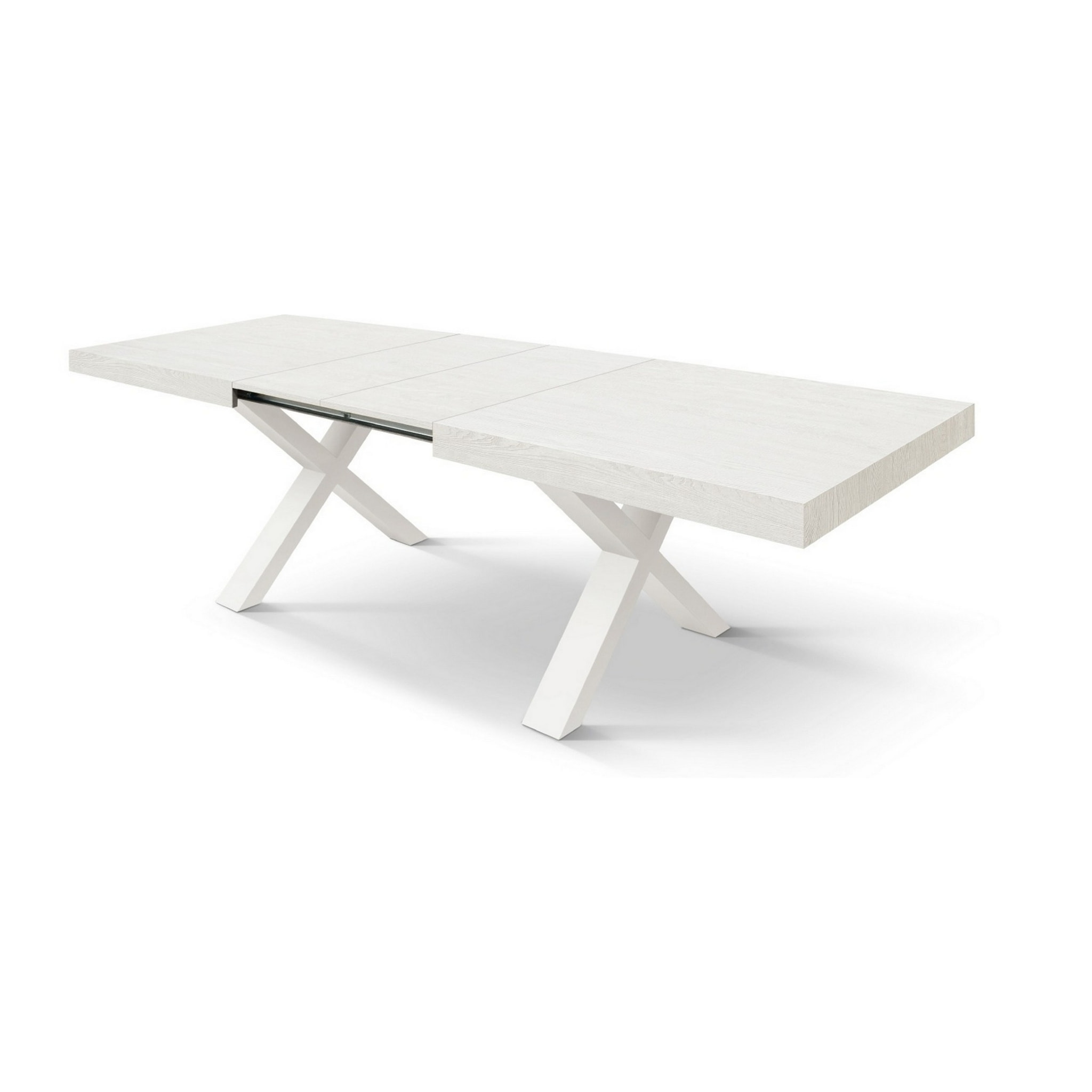 Tavolo allungabile AMALFI in legno effetto bianco frassinato e gambe a X bianche, allungabile 160x90 cm - 240x90 cm