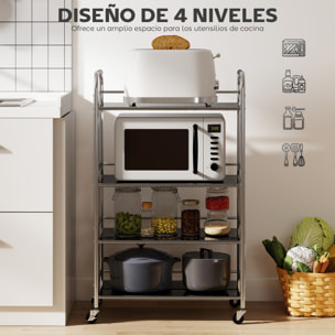 Carrito Auxiliar con Ruedas de Acero Inoxidable, Carro de Servicio de 4 Niveles con Estantes Ajustables, 4 Ruedas, Carrito para Cocina, Restaurante, 60x35x100 cm, Plata